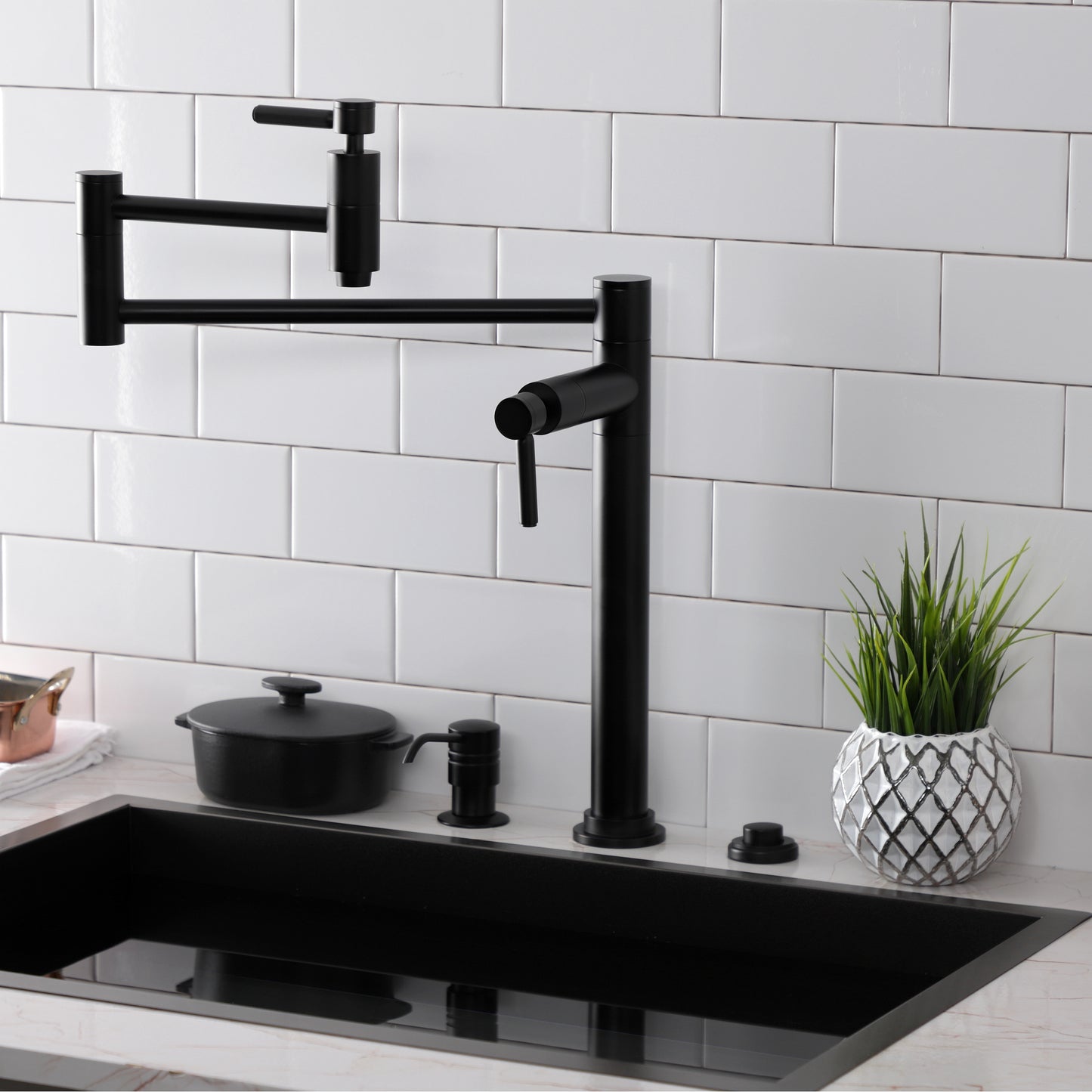 Kingston Brass KS870DLAC Concord Deck Mount Pot Filler Faucet, Antique Copper in modern kitchen setting