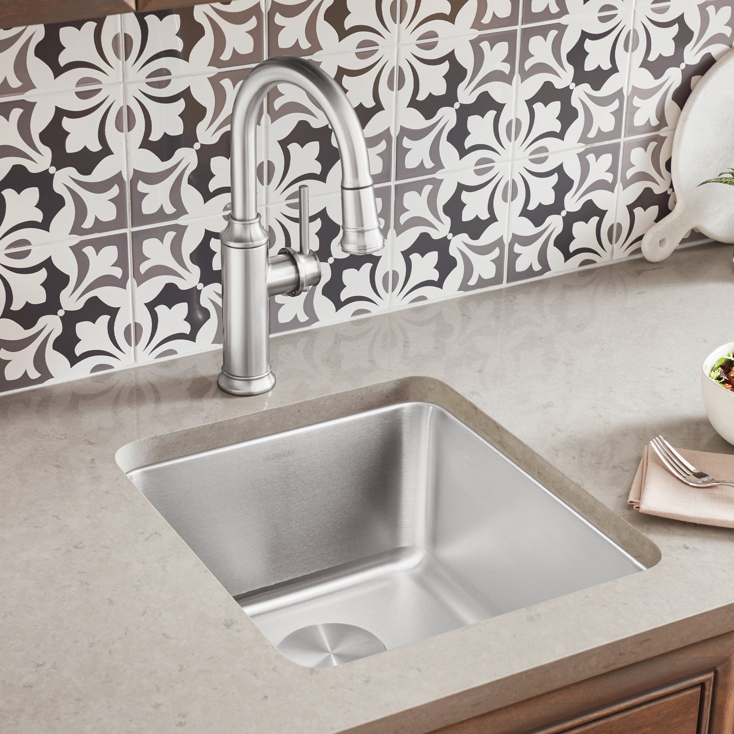 BLANCO Formera 16" Undermount Stainless Steel Bar Sink installed in a stylish countertop with modern faucet and decorative backsplash.