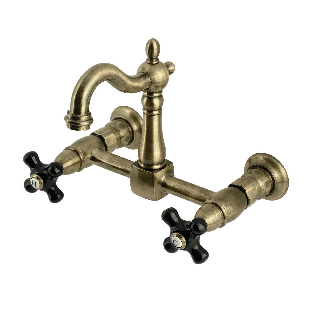 Kingston KS2443PKX Duchess Two-Handle Wall Mount Bridge Kitchen Faucet, Antique Brass with black handles.