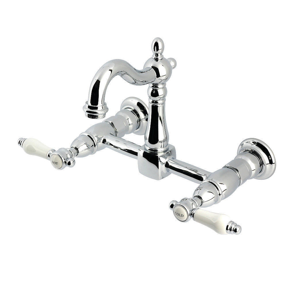 Kingston KS2443BPL Bel-Air Two-Handle Wall Mount Bridge Kitchen Faucet, Antique Brass in polished chrome finish