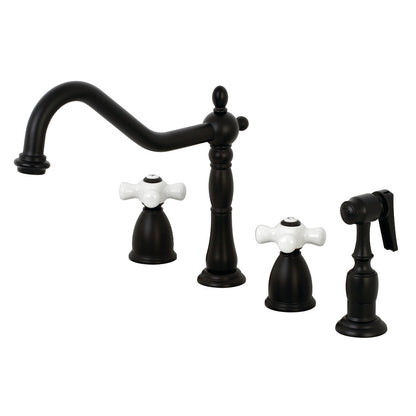 Kingston Brass KB1797PXBS Heritage Double-Handle Widespread Kitchen Faucet with Brass Sprayer, Brushed Brass