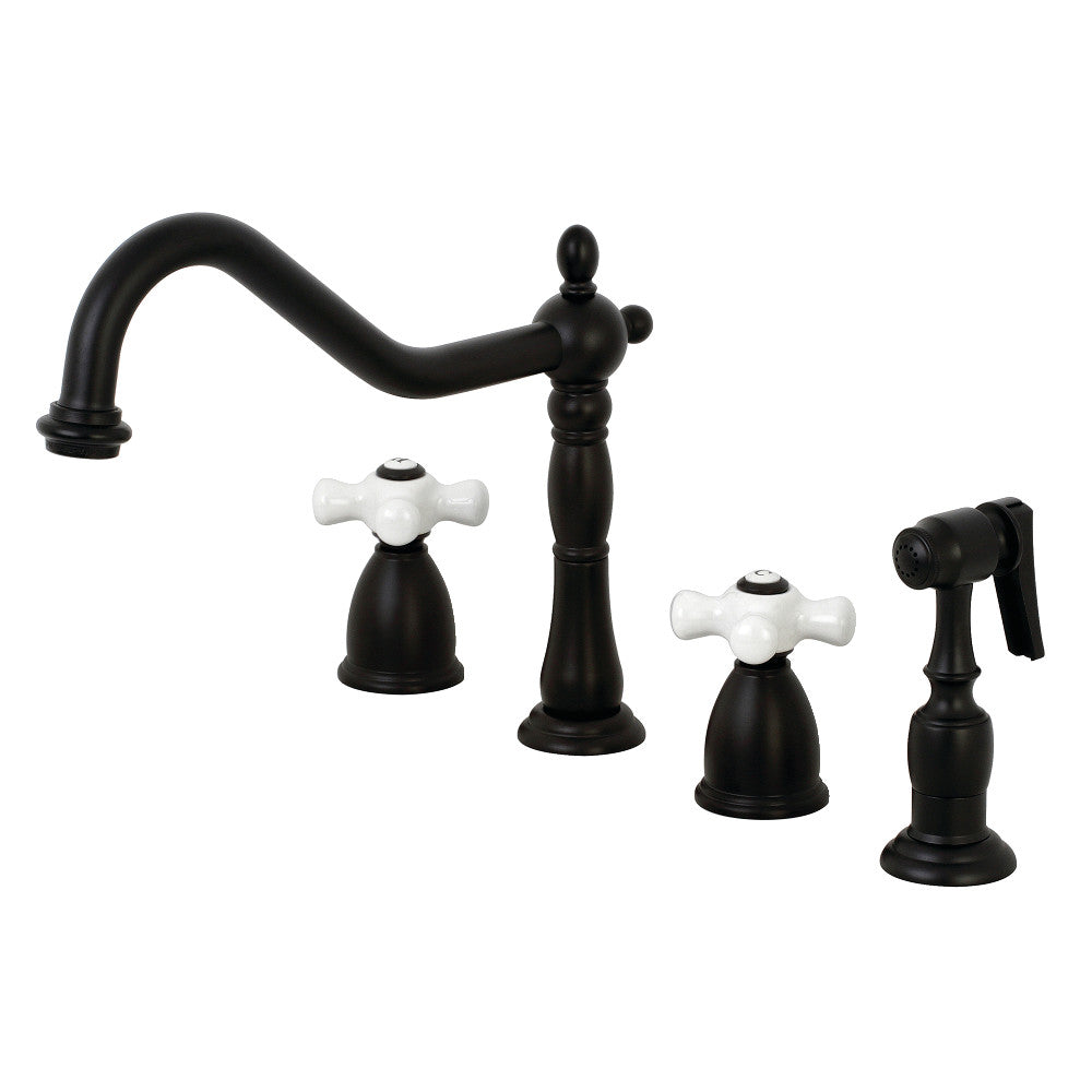 Kingston Brass KB1797PXBS Heritage Double-Handle Widespread Kitchen Faucet with Brass Sprayer, Brushed Brass