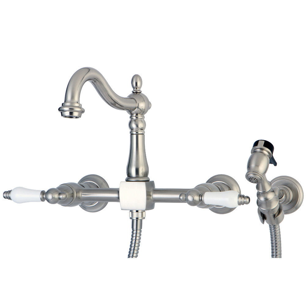 Kingston KS1263PLBS Heritage Two-Handle Wall Mount Bridge Kitchen Faucet with Brass Sprayer, Antique Brass