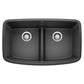 BLANCO Valea SILGRANIT 32" 50/50 Double Bowl Undermount Kitchen Sink with Low Divide top view showing elegant design.