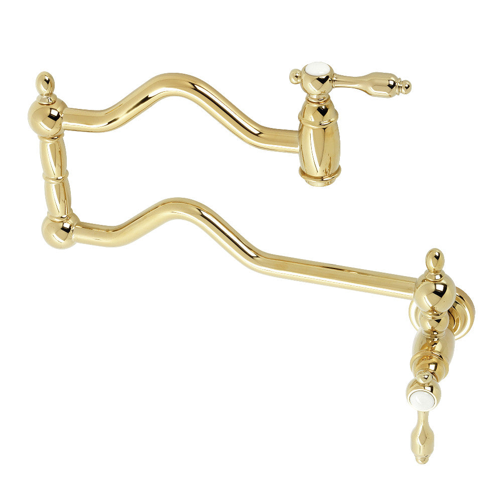 Kingston Brass KS2107TAL Tudor Wall Mount Pot Filler Faucet, Brushed Brass with vintage mid-19th Century design.