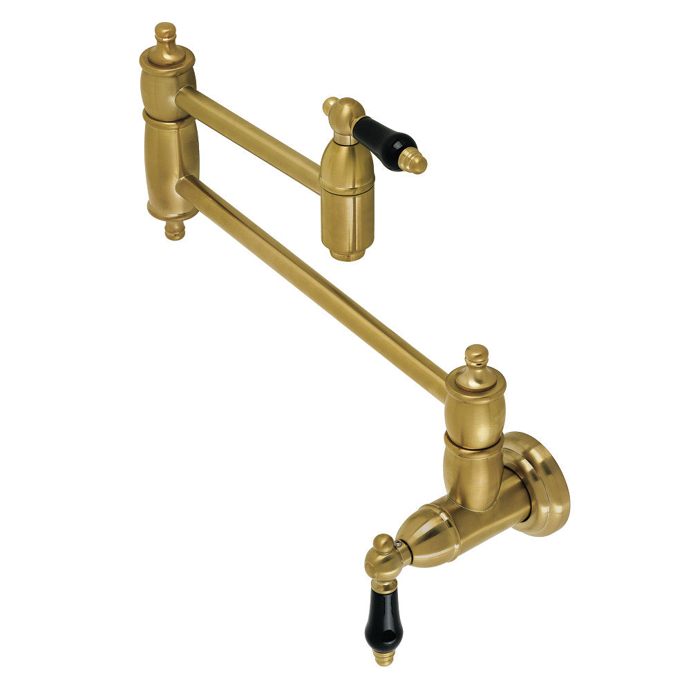 Kingston Brass KS3103PKL Duchess Wall Mount Pot Filler Faucet, Antique Brass with black porcelain handles and swing arms.