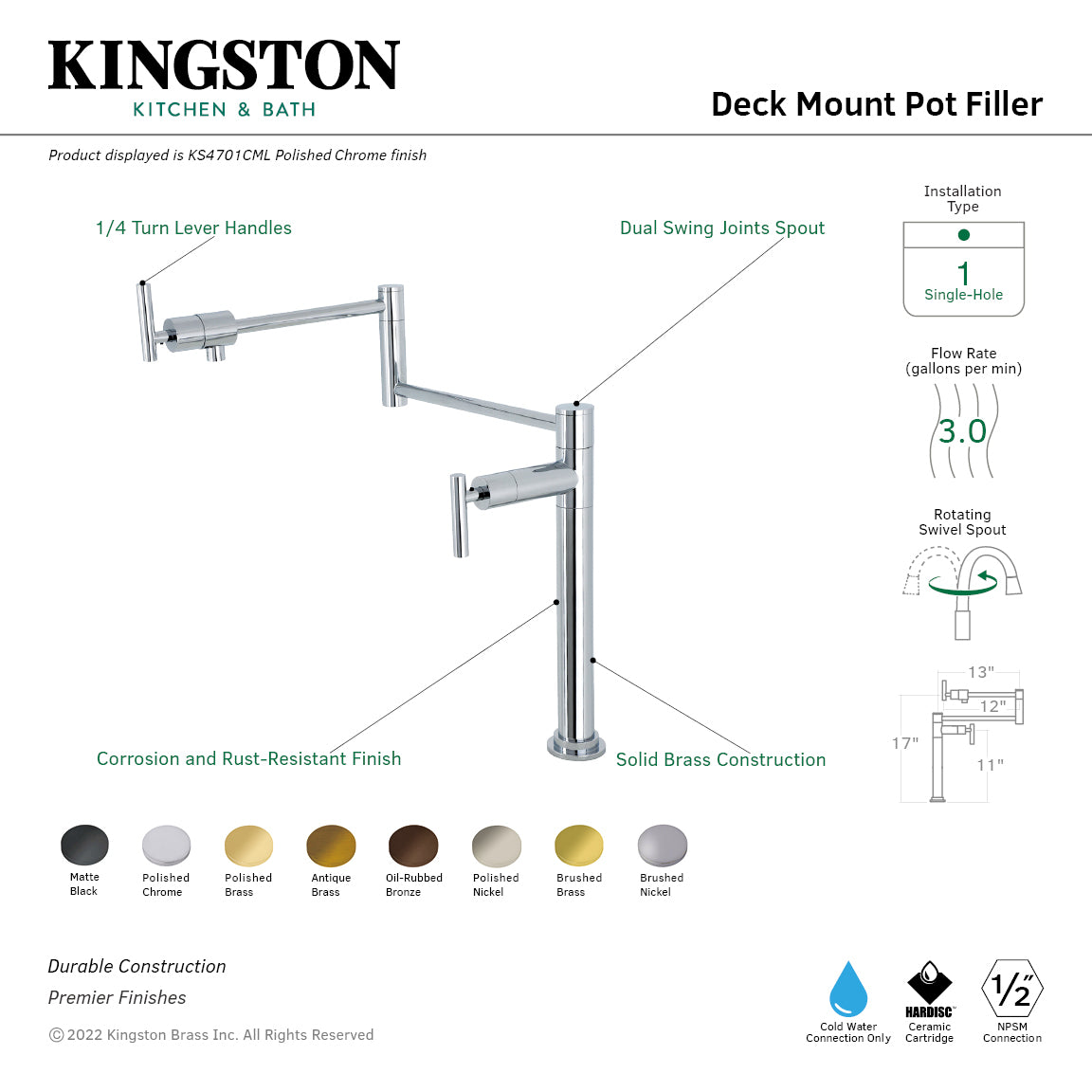 Kingston Brass KS4703CML Manhattan Deck Mount Pot Filler Faucet, Antique Brass with dual swing joints spout design.