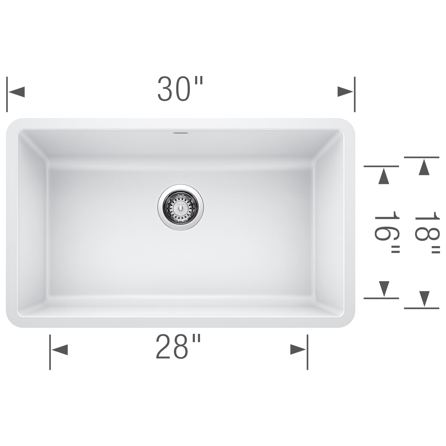 BLANCO Precis SILGRANIT 30" Single Bowl Undermount Kitchen Sink dimensions 30" x 28" with 18" depth.