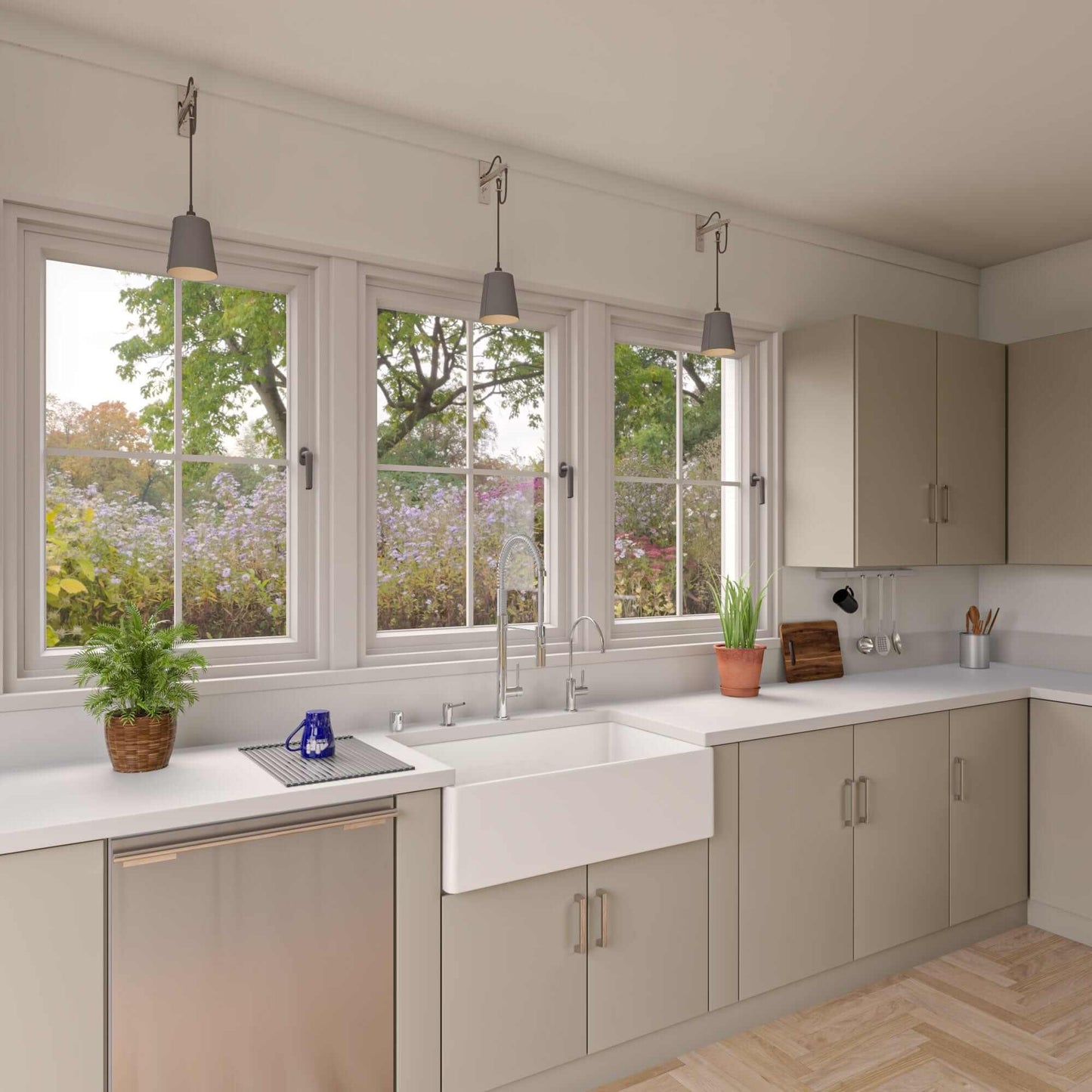 ALFI 33" White Smooth Apron Single Bowl Fireclay Farm Sink AB533-W in a modern kitchen with a view.