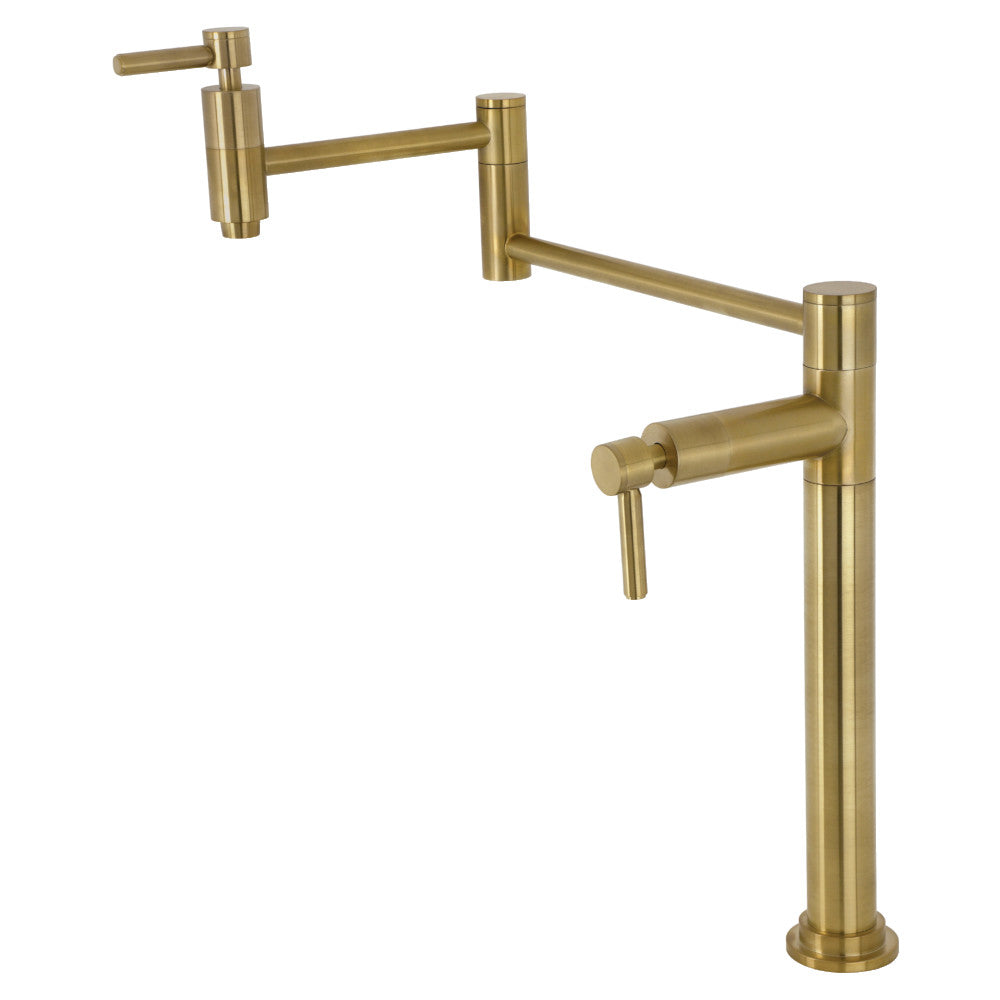 Kingston Brass KS870DLAC Concord Deck Mount Pot Filler Faucet, Antique Copper with brushed brass finish, sleek design.