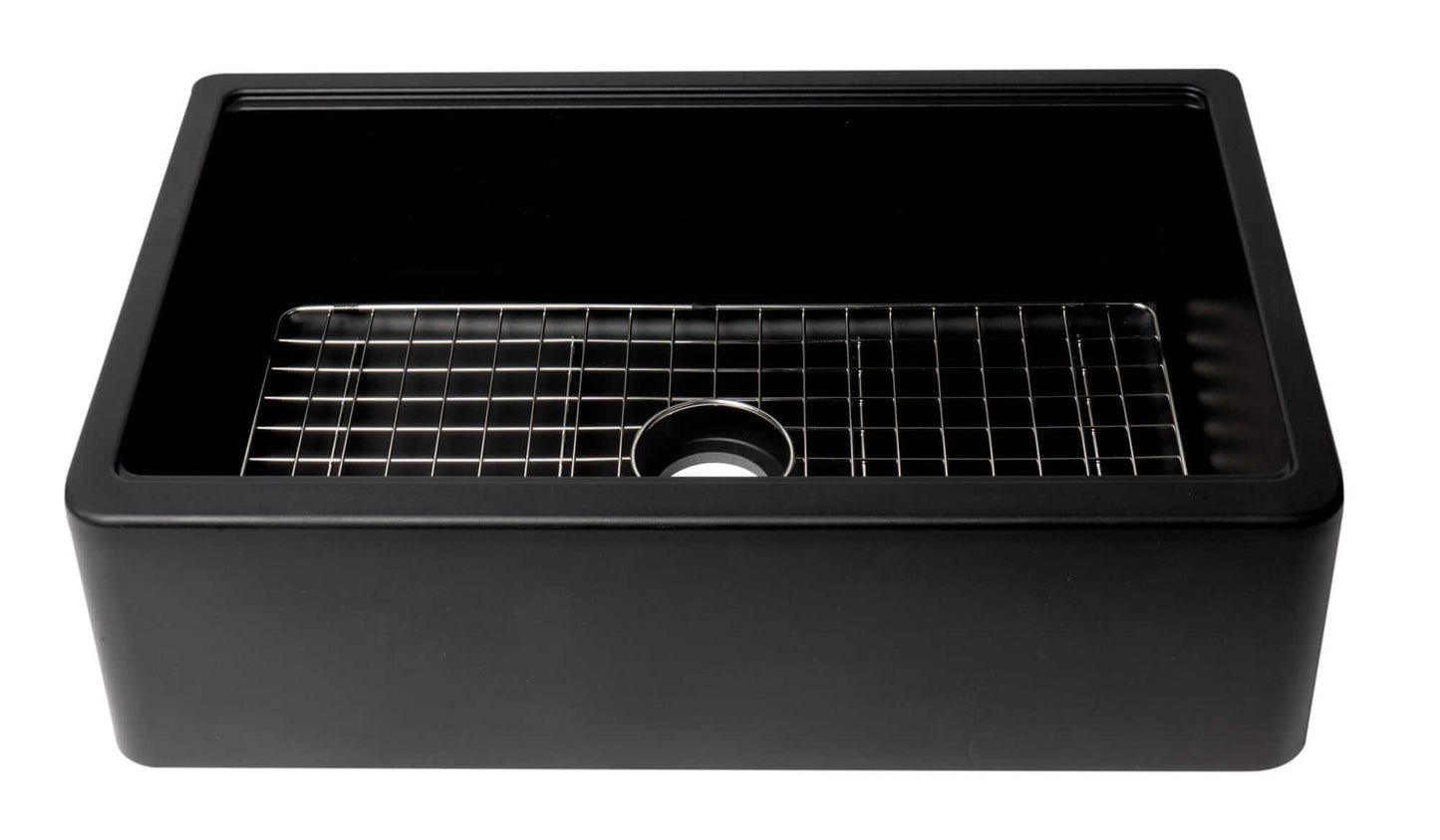 ALFI 33" Granite Single Bowl Farm Sink with Accessories AB33FARM-BLA in matte black finish with steel grid.