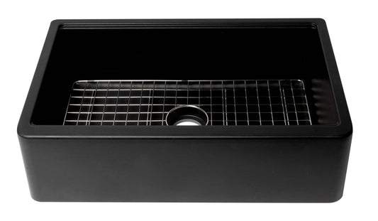 ALFI 33" Granite Single Bowl Farm Sink with Accessories AB33FARM-BLA in matte black finish with steel grid.