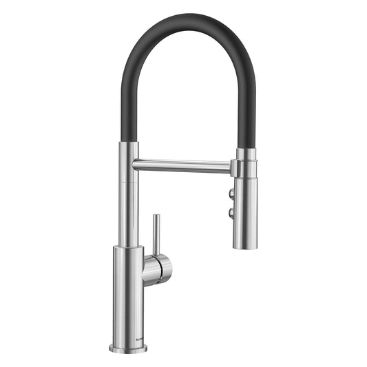 BLANCO Catris Flexo Semi-Pro Pull-Down Dual-Spray Kitchen Faucet with flexible rubber hose and chrome finish.