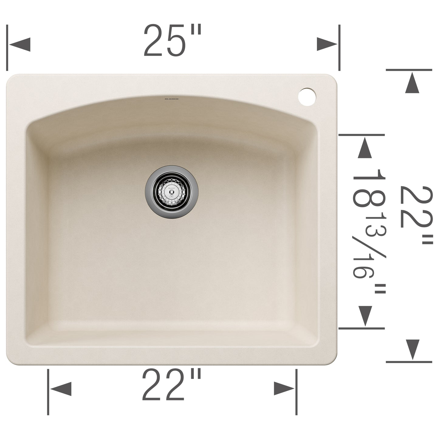 BLANCO Diamond SILGRANIT 25" Single Bowl Dual Mount Kitchen Sink dimensions showing 25" x 22" x 22" measurements.