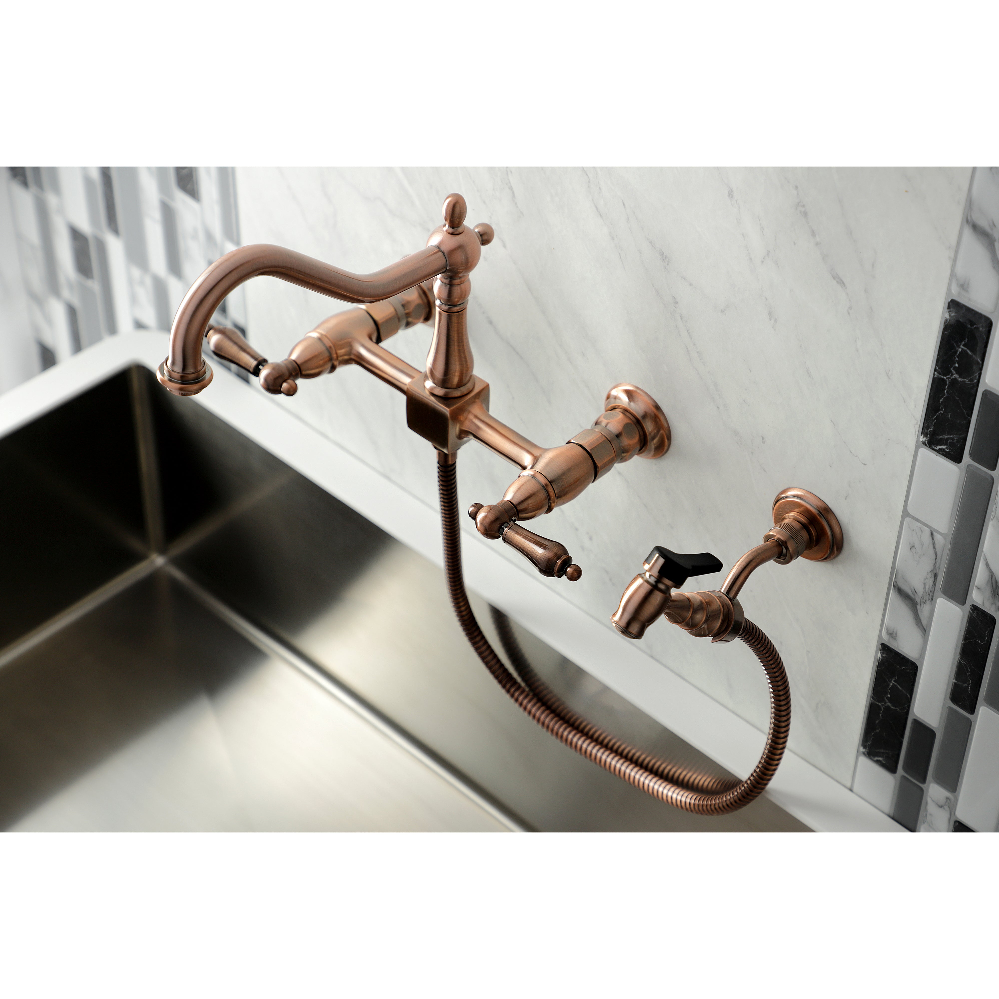 Kingston KS1243ALBS Heritage Two-Handle Wall Mount Bridge Kitchen Faucet with Brass Sprayer, Antique Brass