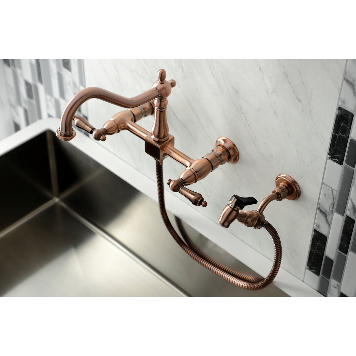Kingston KS1243ALBS Heritage Two-Handle Wall Mount Bridge Kitchen Faucet with Brass Sprayer, Antique Brass