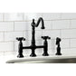 Kingston KS1273AXBS Heritage Bridge Kitchen Faucet with Brass Sprayer, Antique Brass in a traditional kitchen setting