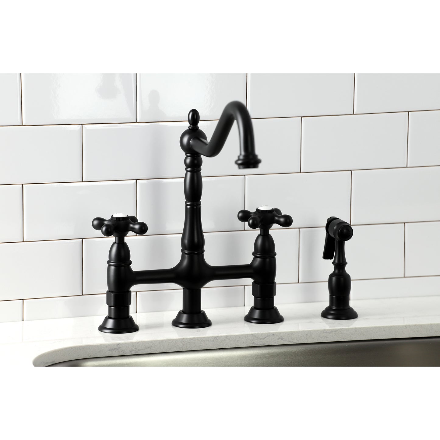 Kingston KS1273AXBS Heritage Bridge Kitchen Faucet with Brass Sprayer, Antique Brass in a traditional kitchen setting