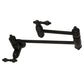Kingston Brass KS3103AL Restoration Wall Mount Pot Filler Faucet, Antique Brass with foldable swing arms in matte black finish.