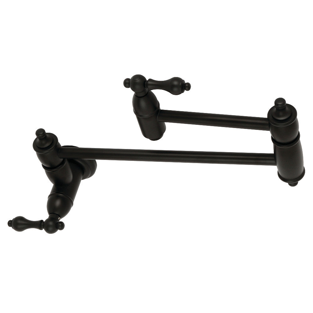 Kingston Brass KS3103AL Restoration Wall Mount Pot Filler Faucet, Antique Brass with foldable swing arms in matte black finish.
