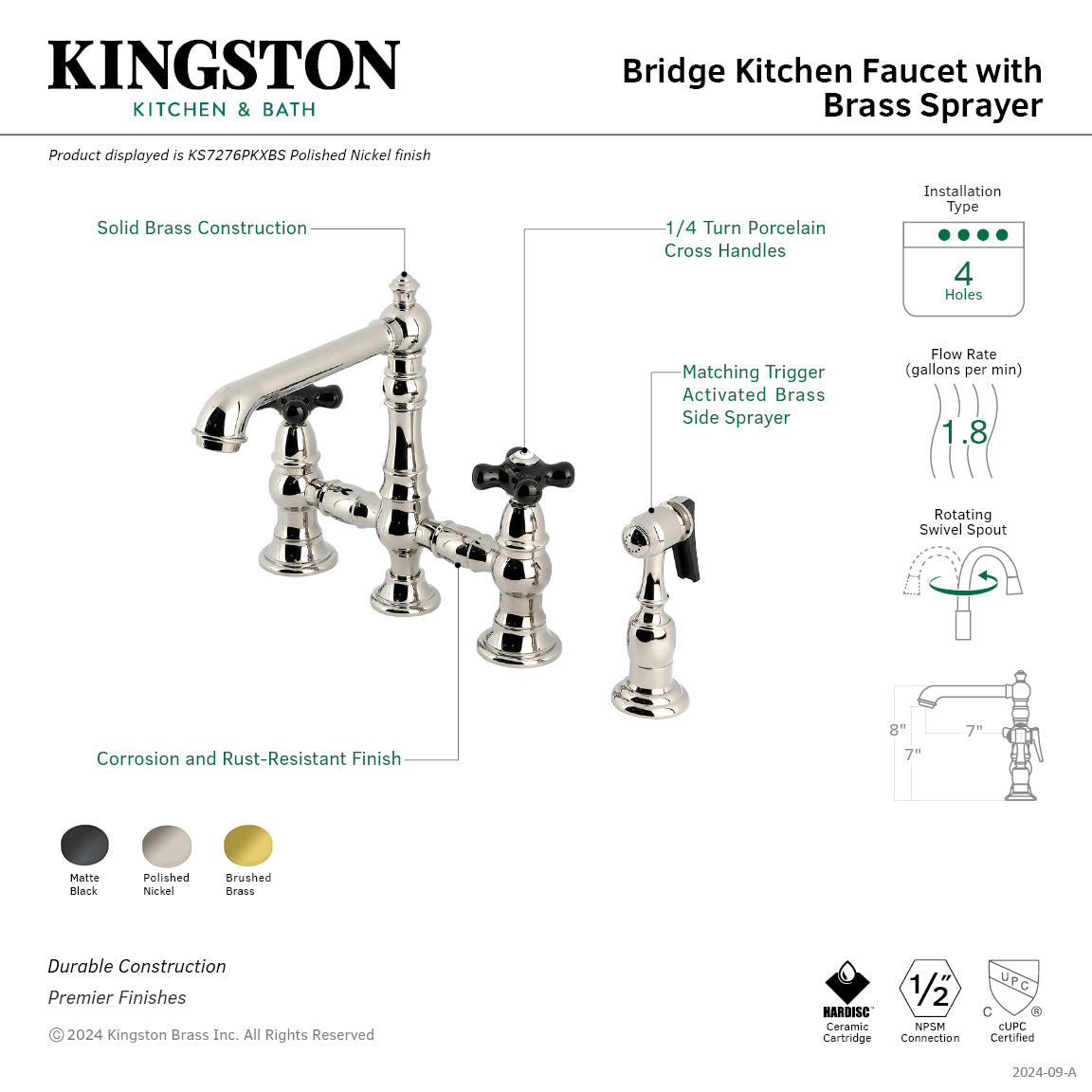 Kingston KS7277PKXBS Duchess Bridge Kitchen Faucet with Brass Sprayer, Brushed Brass and polished nickel finish