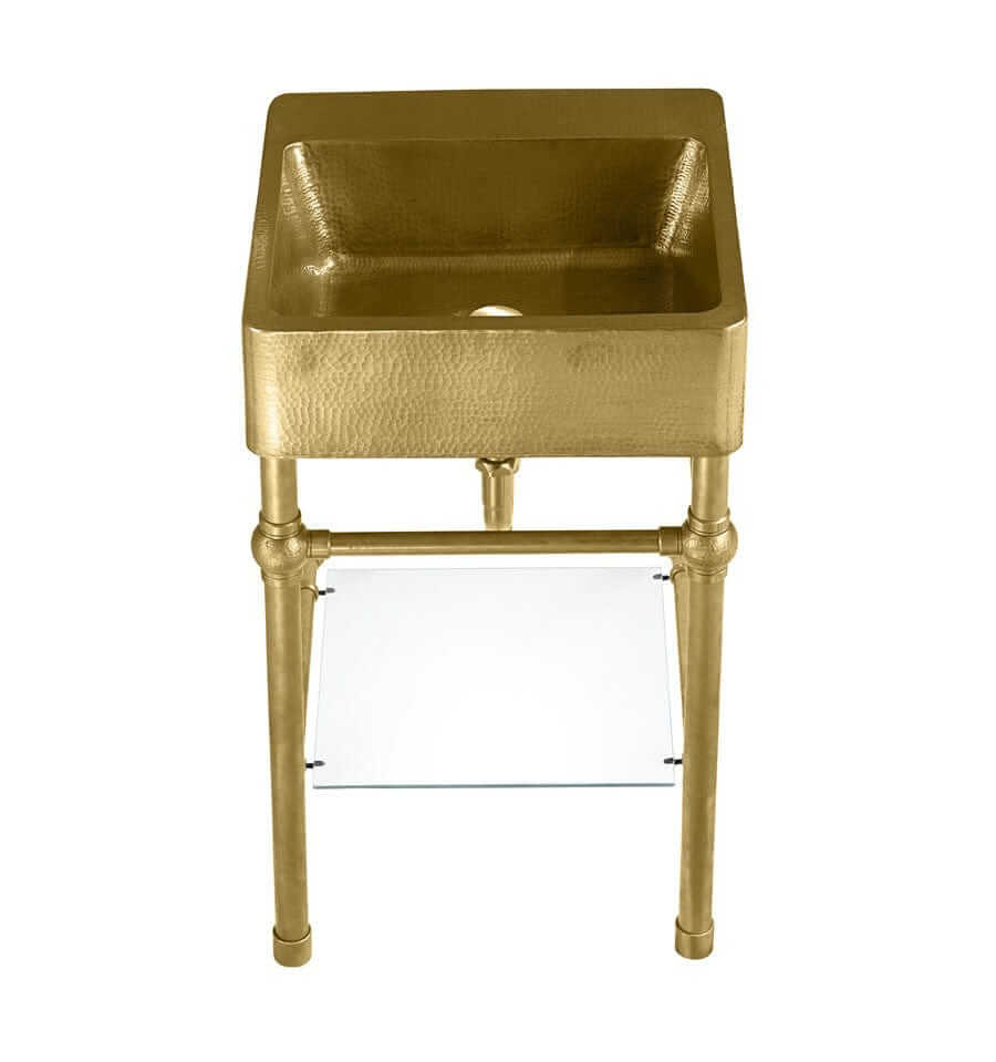 Thompson Traders Zacatecas Vanity - PV-3420ASG antique stain gold pedestal sink with glass shelf.