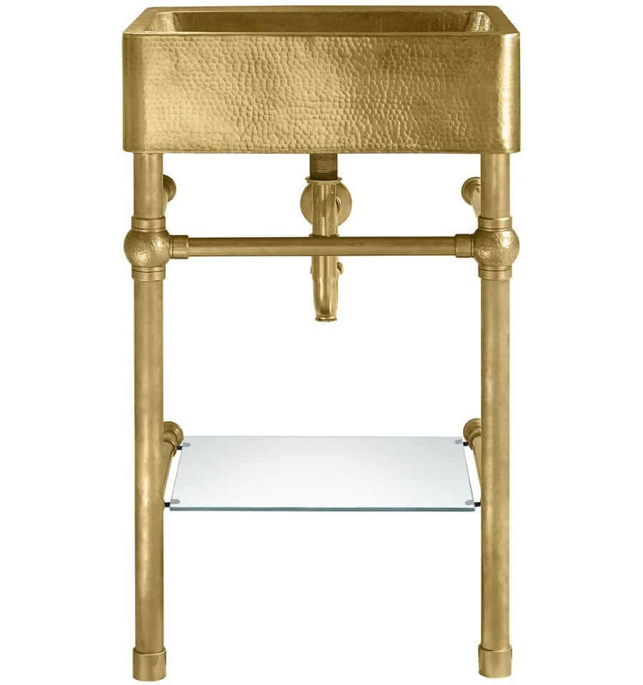 Thompson Traders Zacatecas Vanity - PV-3420ASG in antique stain gold finish with elegant design and glass shelf.