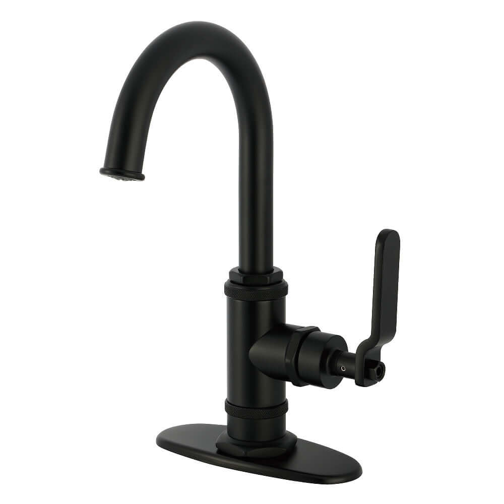 Kingston Brass KSD8503KL Whitaker Single-Handle Bar Faucet, Antique Brass with matte black finish and modern design.