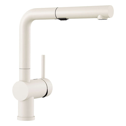 BLANCO Linus Low Arc Pull-Out Dual-Spray Kitchen Faucet - in sleek white finish, designed for limited clearance spaces.