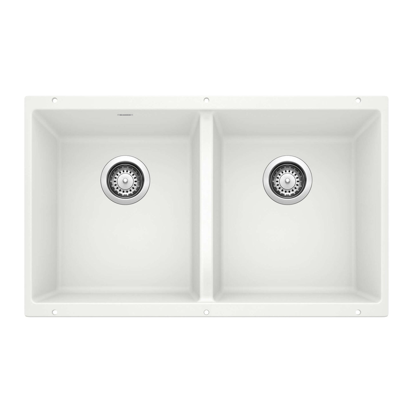 BLANCO Precis SILGRANIT 29" 50/50 Double Bowl Undermount Kitchen Sink in White, featuring two equally sized basins.