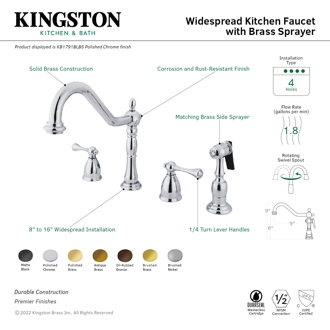 Kingston Brass KB1793BLBS Heritage Double-Handle Widespread Kitchen Faucet with Brass Sprayer, Antique Brass