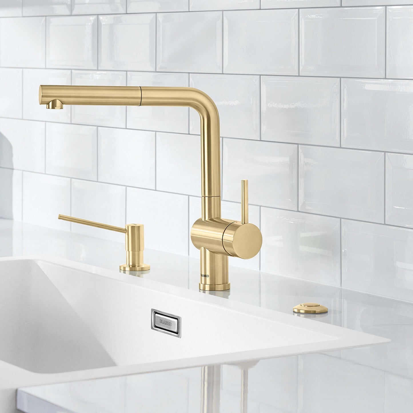 BLANCO Linus Low Arc Pull-Out Dual-Spray Kitchen Faucet - in modern kitchen setting with white tiles.