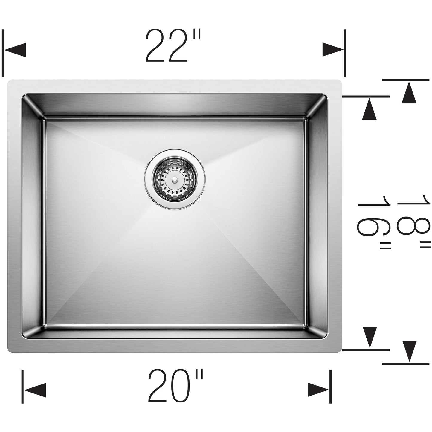 BLANCO Precision R10 22" Single Bowl Undermount Stainless Steel Kitchen Sink dimensions showing 22" x 20" size.