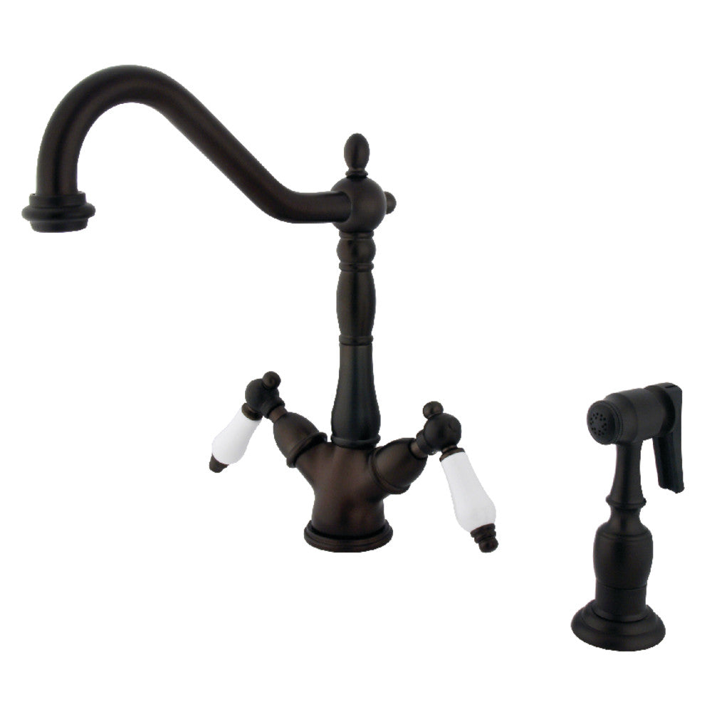 Kingston KS1238PLBS Heritage Two-Handle Kitchen Faucet with Brass Sprayer, Brushed Nickel in Oil Rubbed Bronze finish
