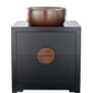 Thompson Permanente solid wood vanity VANITY-PERM with smooth aged copper vessel sink, front view