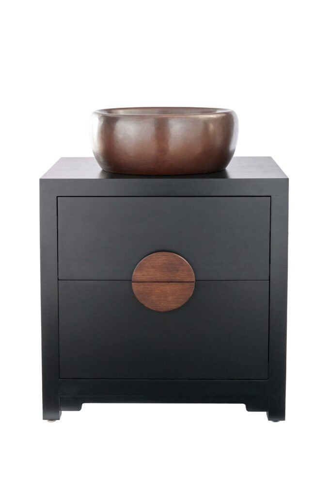 Thompson Permanente solid wood vanity VANITY-PERM with smooth aged copper vessel sink, front view