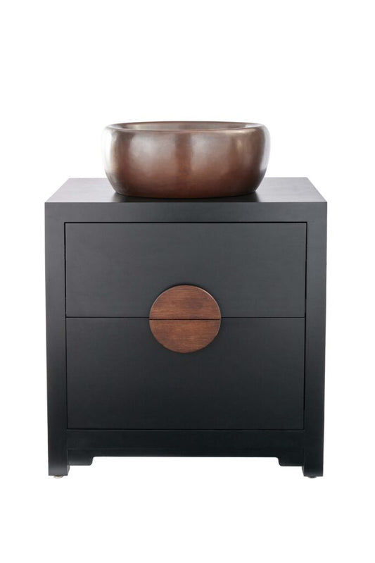 Thompson Permanente solid wood vanity VANITY-PERM with smooth aged copper vessel sink, front view