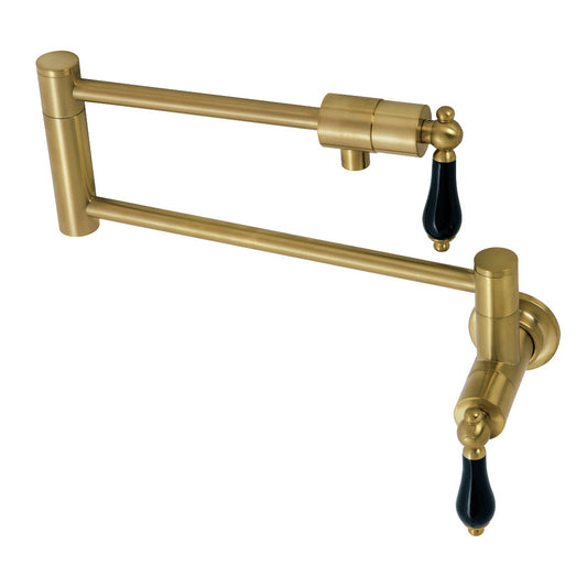 Kingston Brass KS4107PKL Duchess Wall Mount Pot Filler Faucet, Brushed Brass with black porcelain handles.