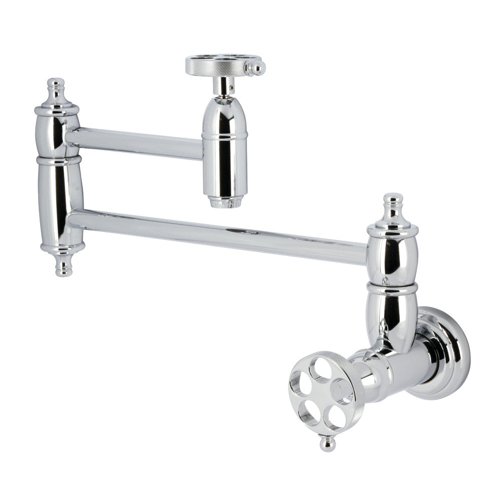 Kingston Brass KS3103RKZ Wendell Wall Mount Pot Filler Faucet with Knurled Handle, Antique Brass in Polished Chrome finish.
