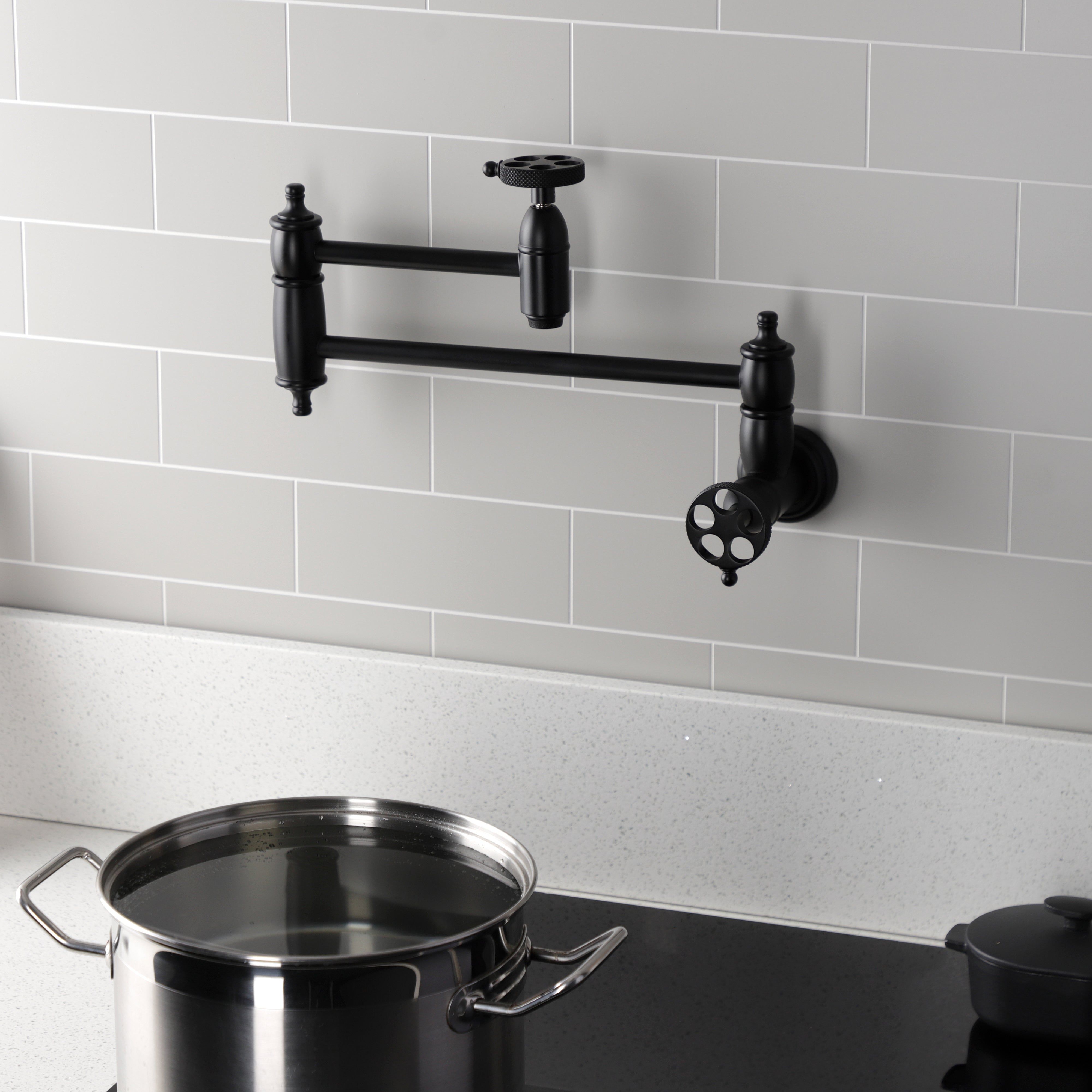 Kingston Brass KS3103RKX Webb Wall Mount Pot Filler Faucet with Knurled Handle, Antique Brass