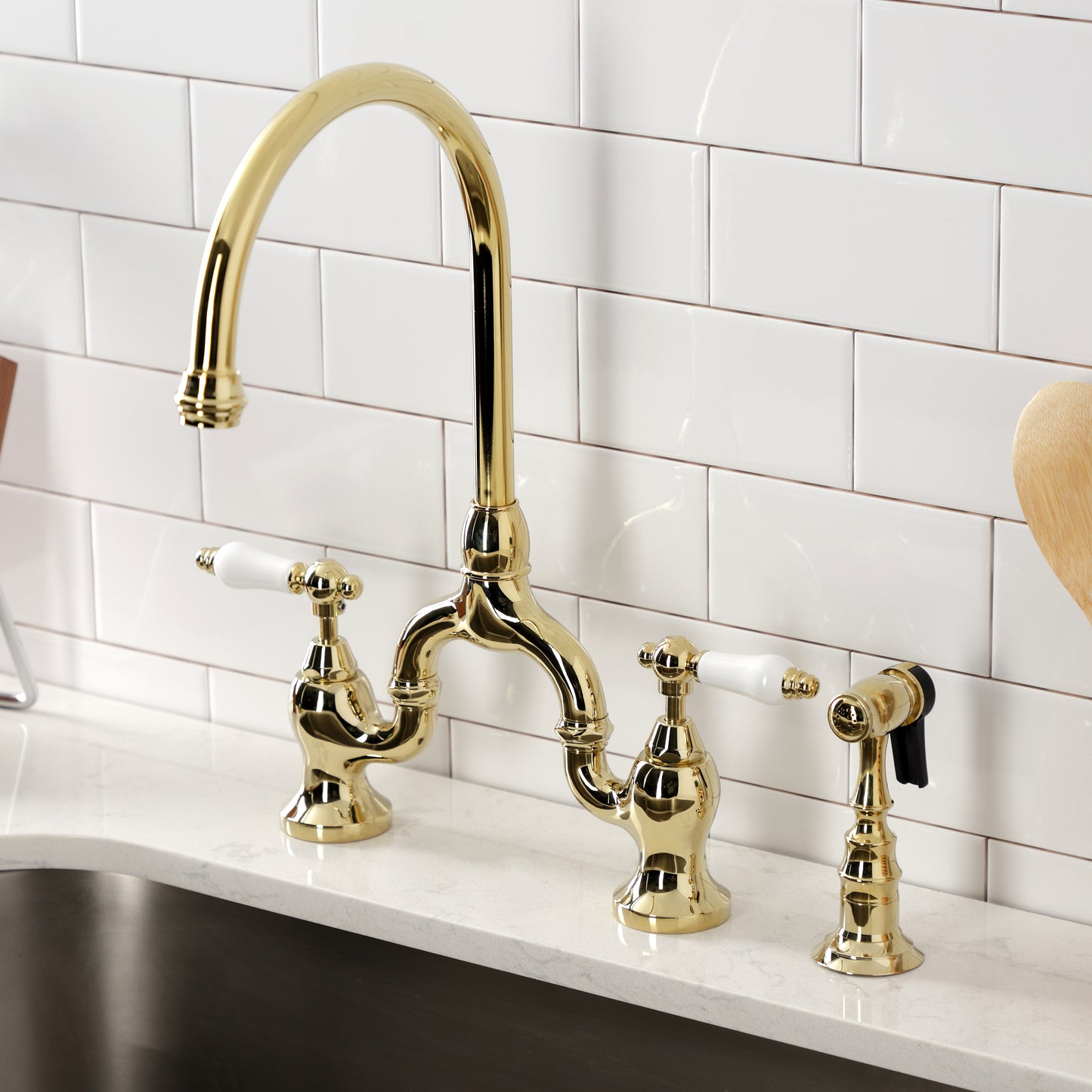 Kingston KS7793PLBS English Country Bridge Kitchen Faucet with Brass Sprayer, Antique Brass