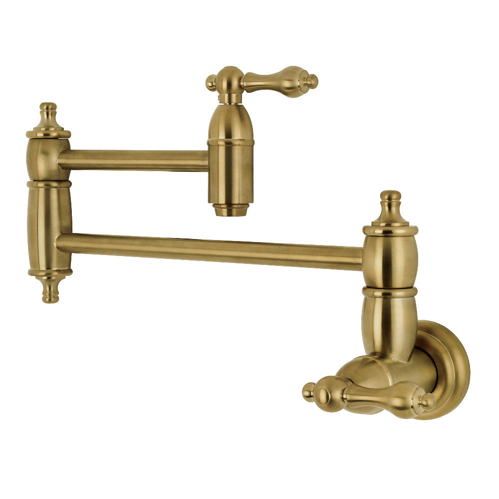 Kingston Brass KS3103AL Restoration Wall Mount Pot Filler Faucet, Antique Brass with foldable swing arms.