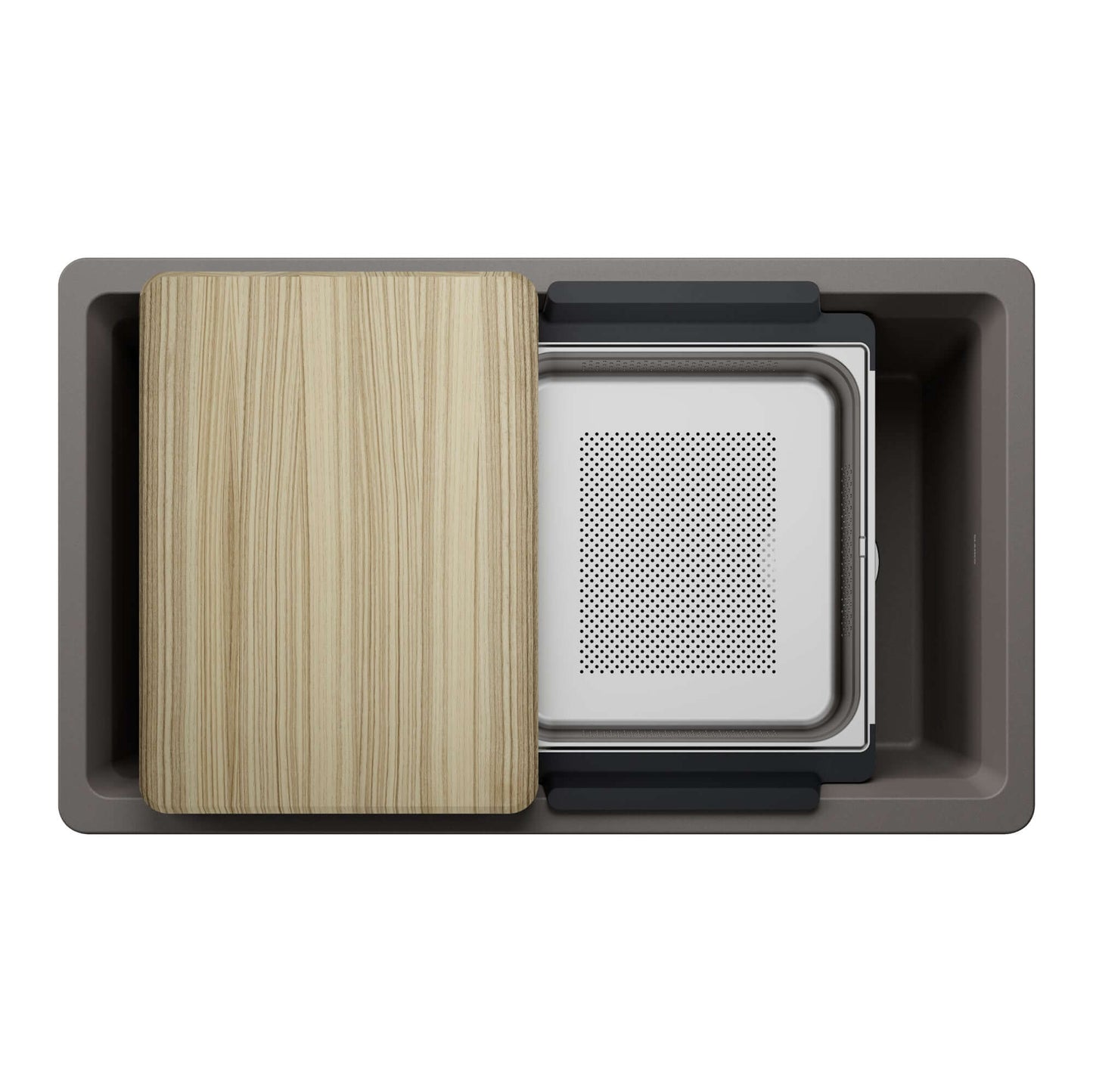 BLANCO Inteos SILGRANIT 33" Single Bowl Reversible Undermount Workstation Kitchen Sink with cutting board and colander.