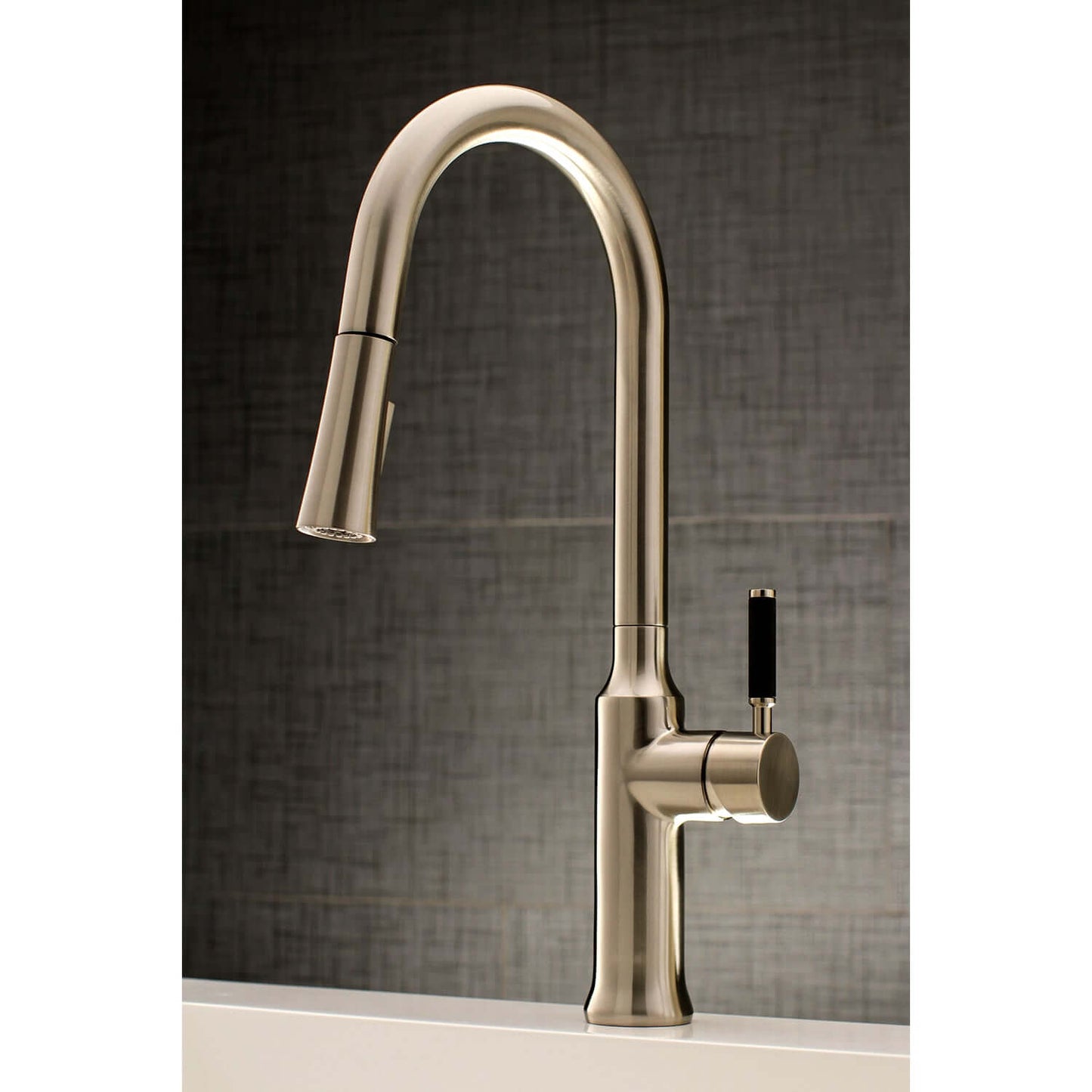 Gourmetier LS2723DKL Kaiser Single-Handle Pull-Down Kitchen Faucet, Brushed Brass design with ergonomic handles.