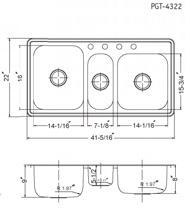 Houzer 41" Stainless Steel Topmount Triple Bowl Kitchen Sink, PGT-4322-1 dimensions diagram with measurements.