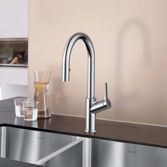 BLANCO Urbena Pull-Down Dual-Spray Kitchen Faucet with slim design in modern kitchen setting
