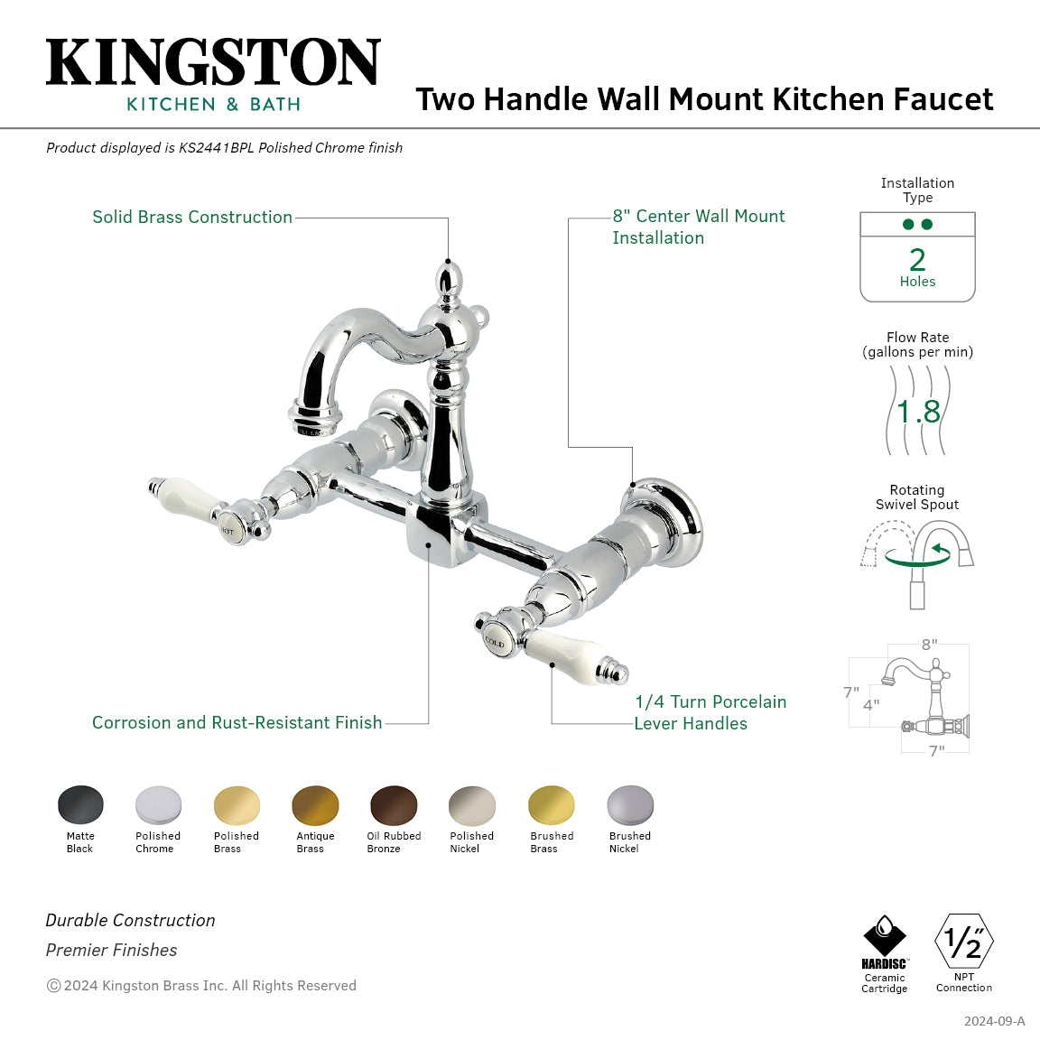Kingston KS2443BPL Bel-Air Two-Handle Wall Mount Bridge Kitchen Faucet, Antique Brass close-up of elegant design features