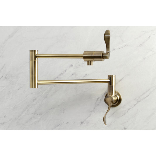 Kingston Brass KS4103DFL NuWave Wall Mount Pot Filler Faucet, Antique Brass on marble backdrop