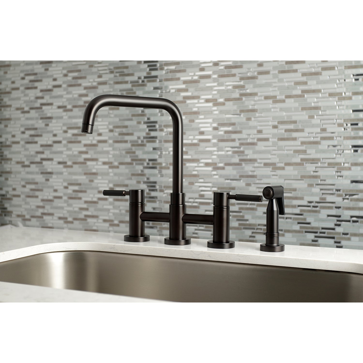 Kingston KS8287DKLBS Kaiser Bridge Kitchen Faucet with Brass Sprayer, Brushed Brass on kitchen sink