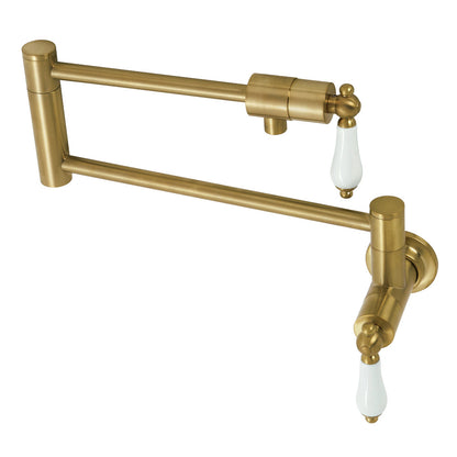 Kingston Brass KS4107PL Metropolitan Wall Mount Pot Filler Faucet, Brushed Brass with swing arms and white handles